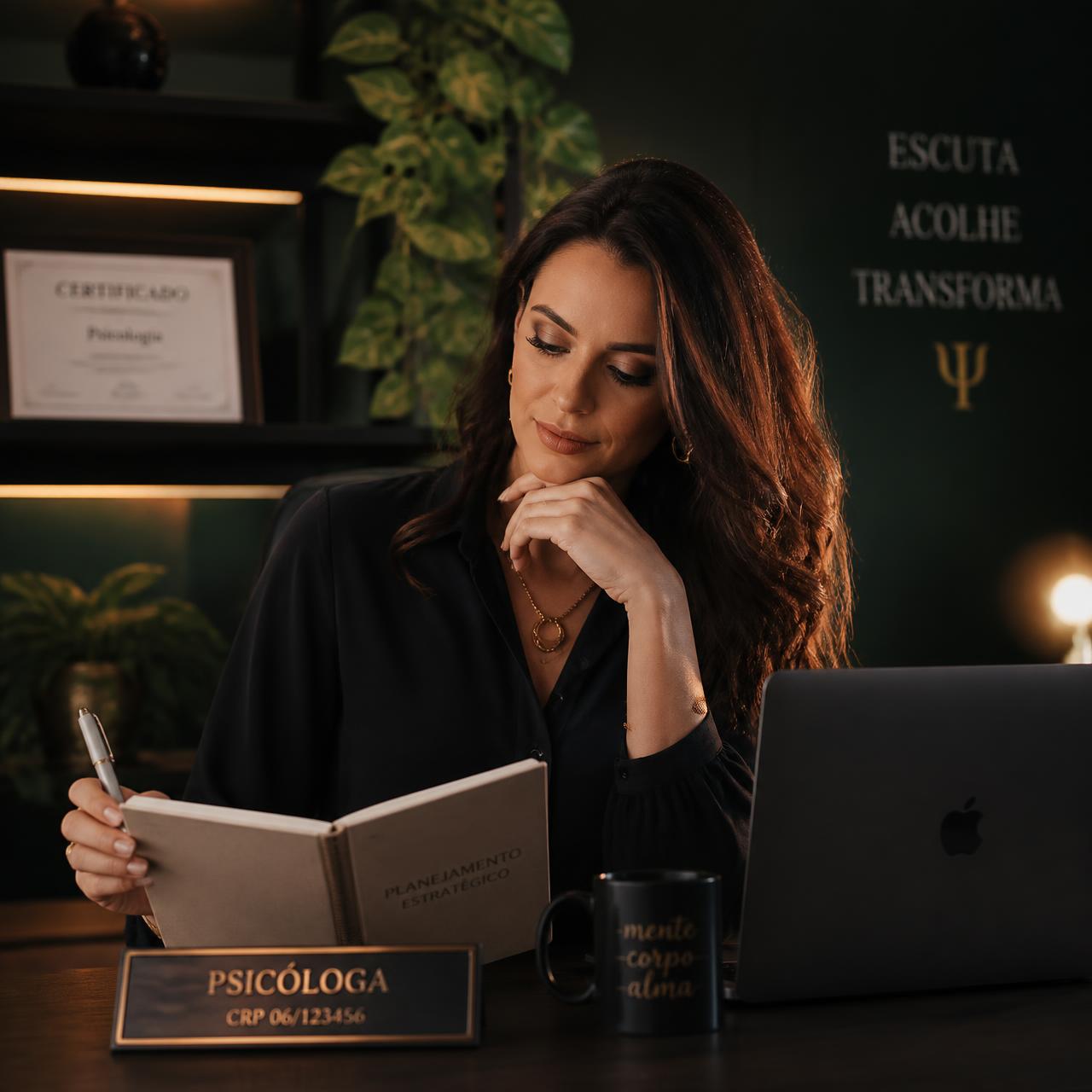 Psicóloga planejando a estratégia do consultório
