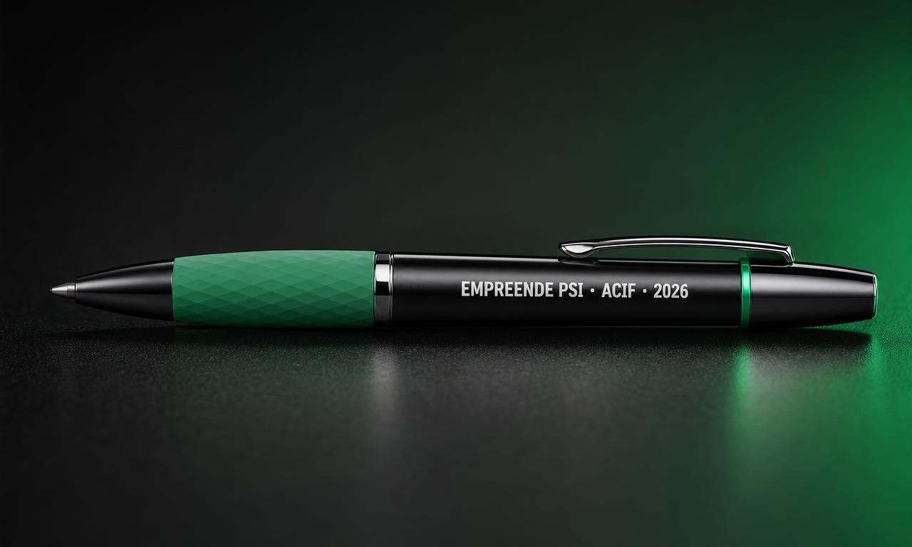 Mockup caneta preta com gravação EMPREENDE PSI